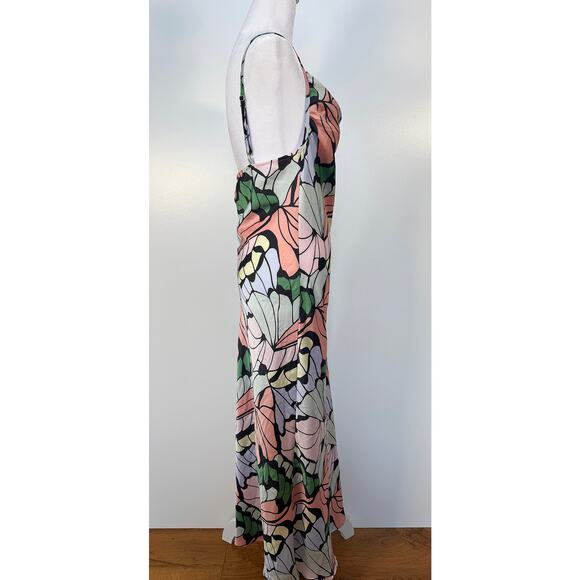 Pink Butterfly Floral Cowl Neck Slit Dress Mid Calf Size Small - Picture 2 of 5